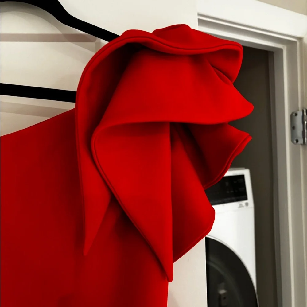 AQUA Red One-Shoulder Scuba Gown | Size 8 | Ruffle Shoulder Formal Dress - Picture 7 of 12